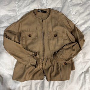 Zara tan peplum cropped ruffle jacket size S